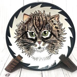 Cats By Nina Lyman Ceramic Bowl Brown Tabby Cat Green Eyes Striped Long Haired